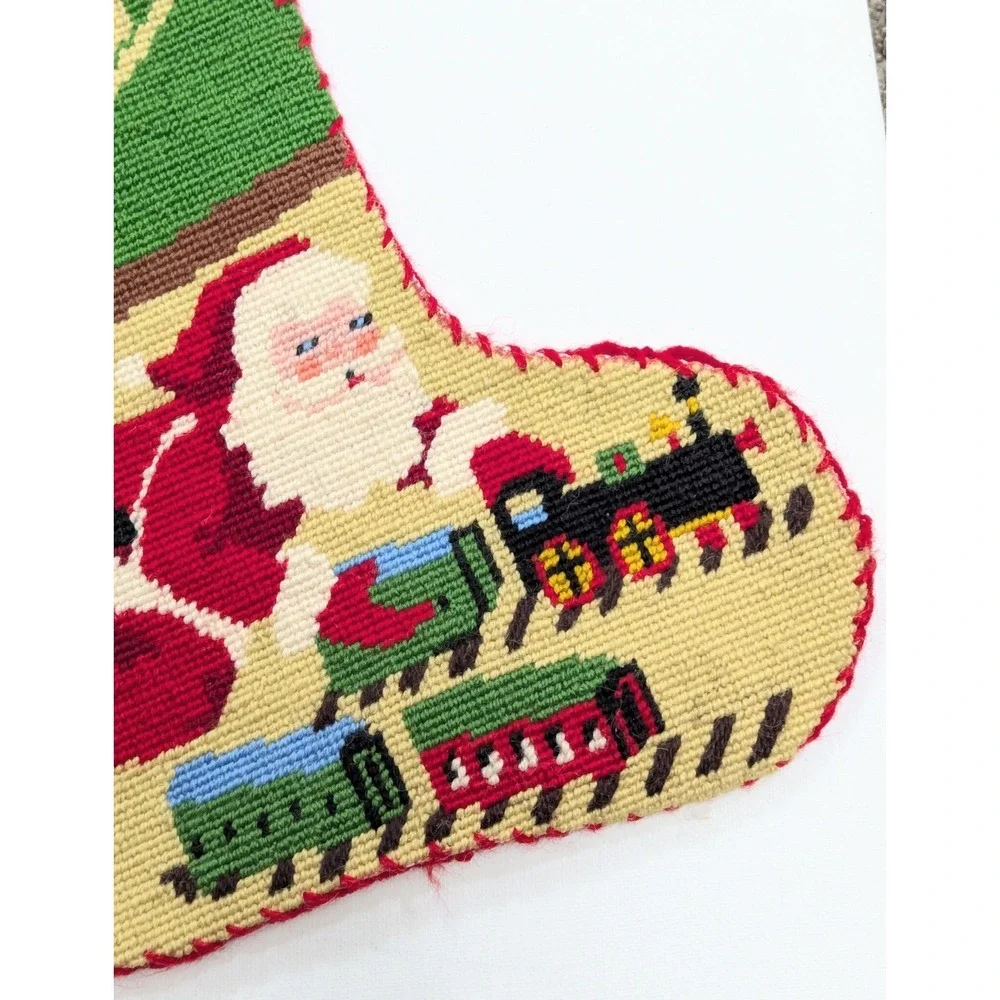 Vintage Needlepoint Stocking Santa Train Kids Stairs Quality Handmade w/Name